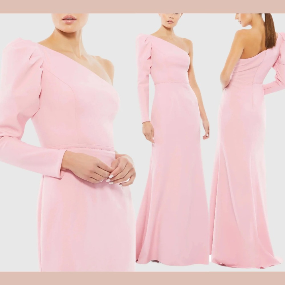 NWT $298 IEENA Mac Duggal‎ [ 12 ] One Shoulder Puff Sleeve Gown Rose Pink J2229